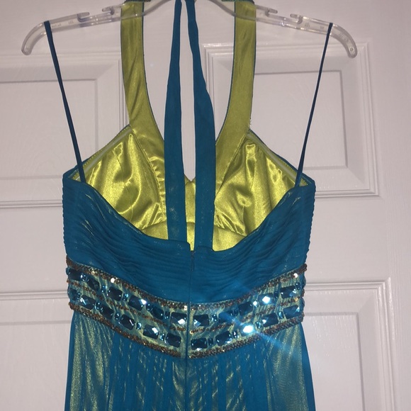 Caché emerald teal gown with neon yellow green lining, size 2 - Picture 5 of 11